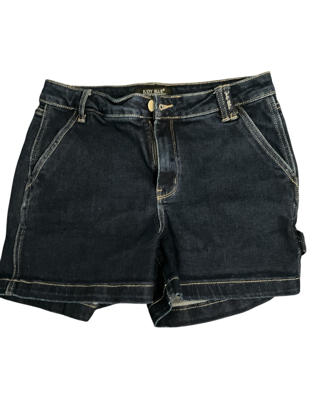 Judy Blue Dark Wash Stretch Denim Shorts Women’s L Cuffed Mid Rise Preloved A33 - Picture 3 of 6